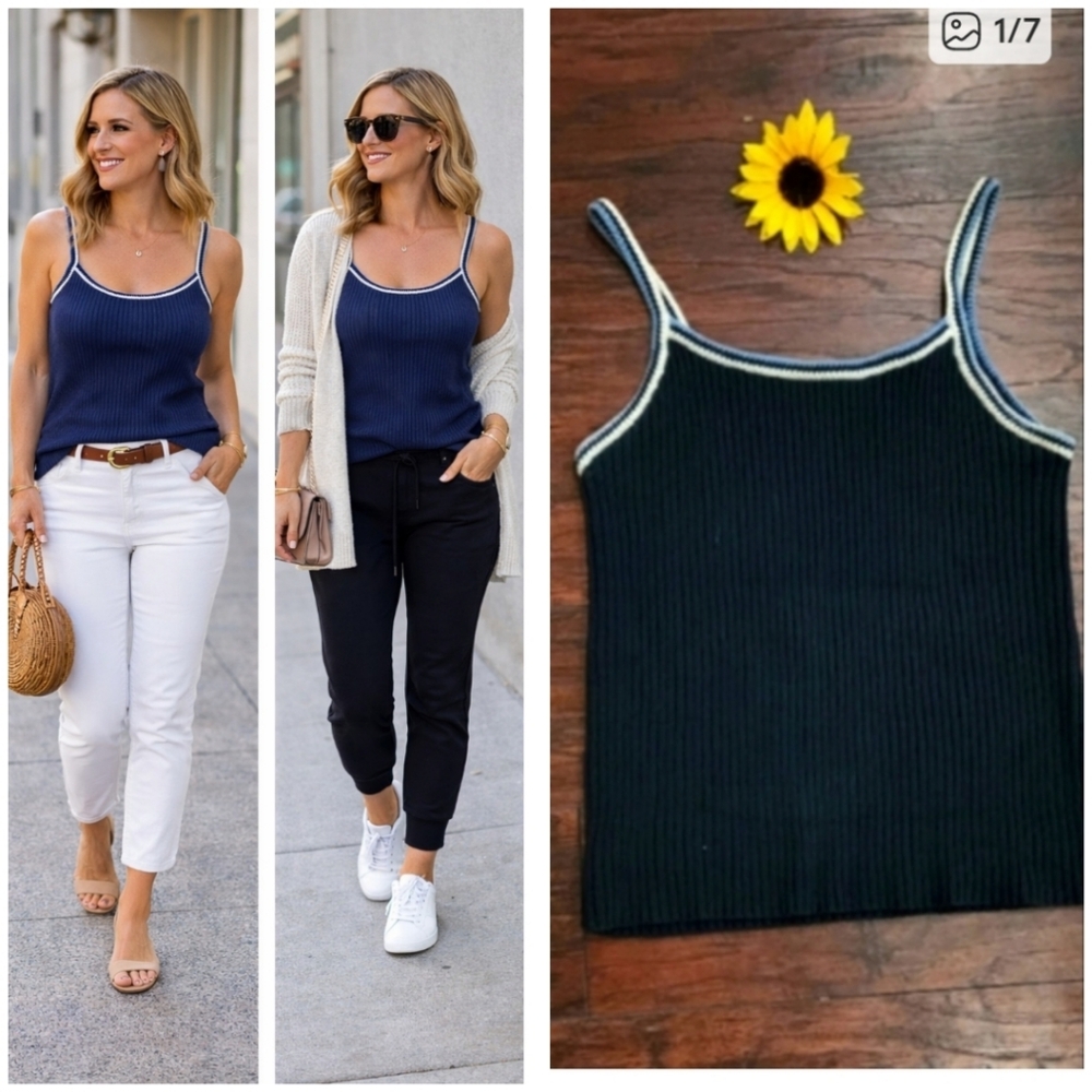 GAP Ribbed Knit Tank Top Navy Blue White Trim 💦💦Size L